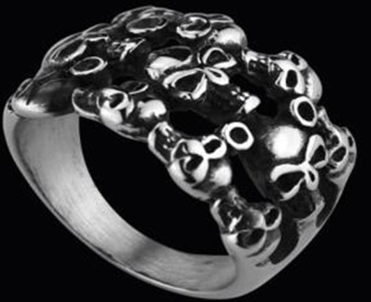 R118 Stainless Steel Many Face Skull Biker Ring