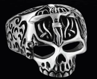 R124 Stainless Steel Jesus Cross Skull Biker Ring