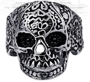 R187 Stainless Steel Medium Sugar Cane Skull Face Biker Ring