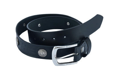 Black leather belt with silver buffalo nickel conchos and chrome buckle, featuring punched holes for adjustable fit